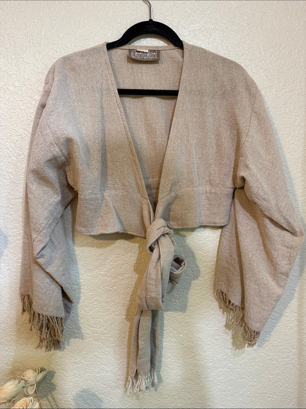 NEW Organic Raw Cotton Chintamani Taupe Tie-Front Cropped Sweater with Fringe